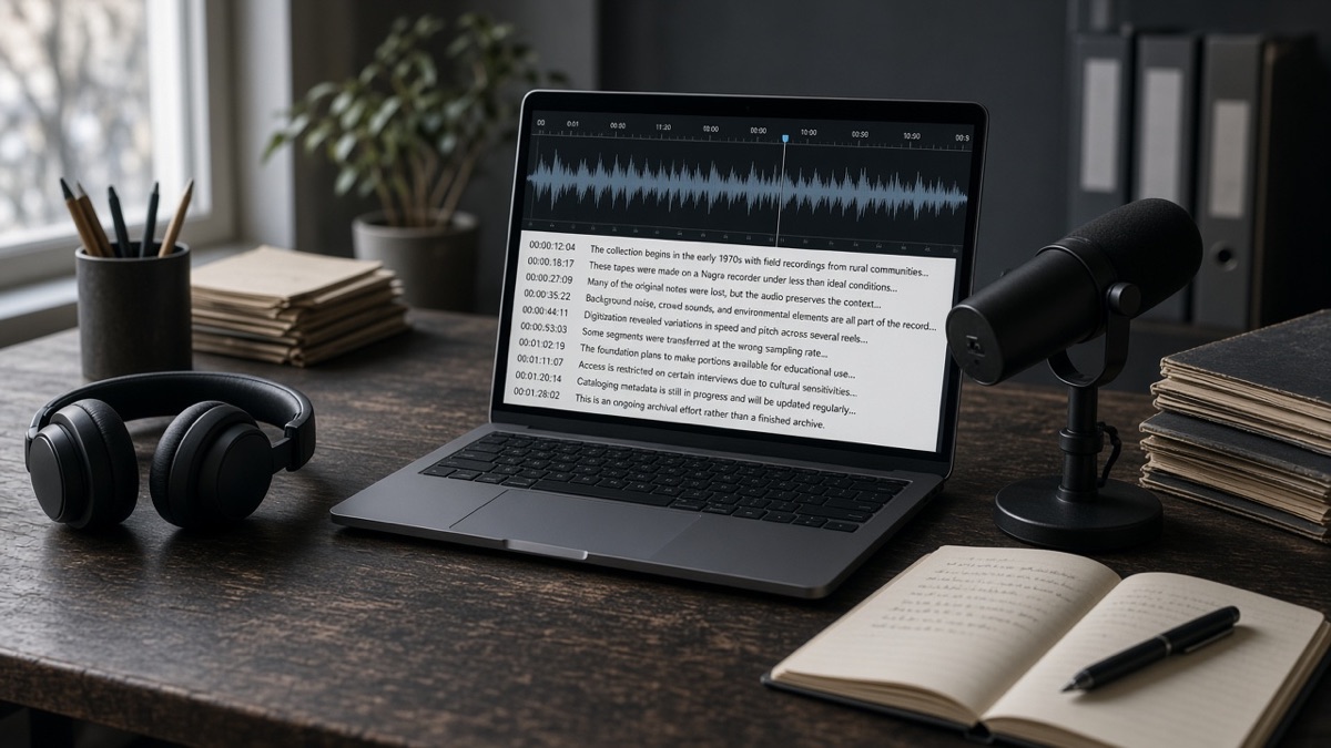 A long audio timeline on a studio desk being turned into a timestamped transcript, representing batch speech-to-text processing.