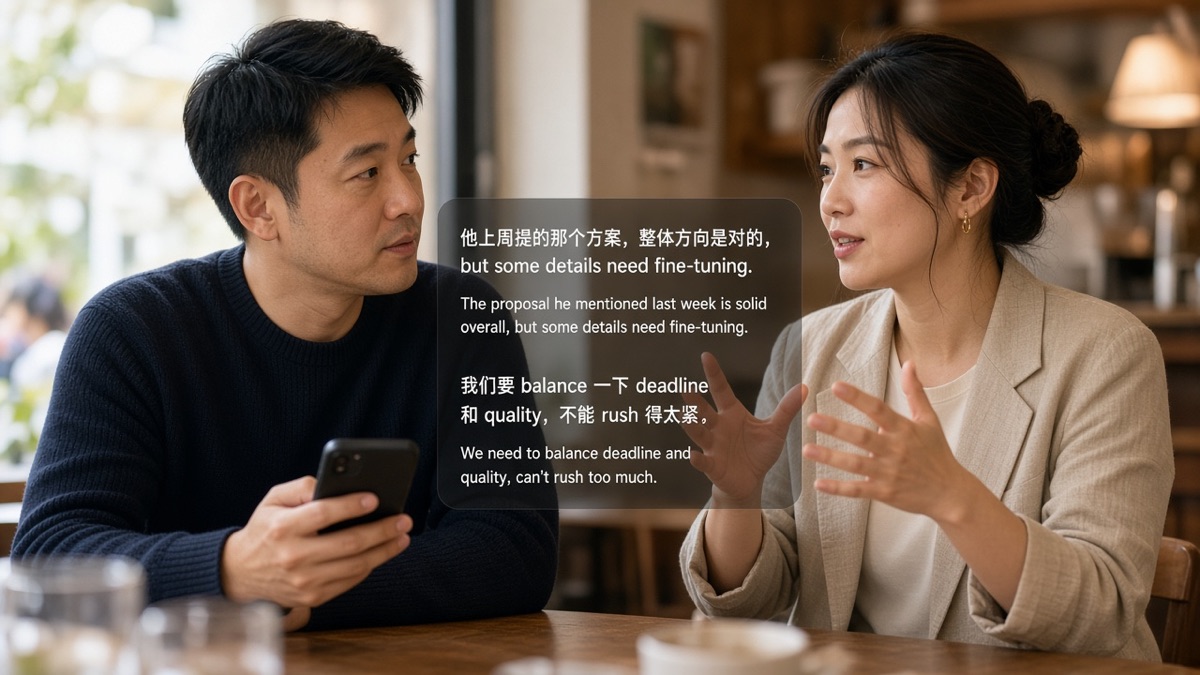 Two people talking in a cafe with mixed Chinese and English captions nearby, suggesting code-switching transcription.