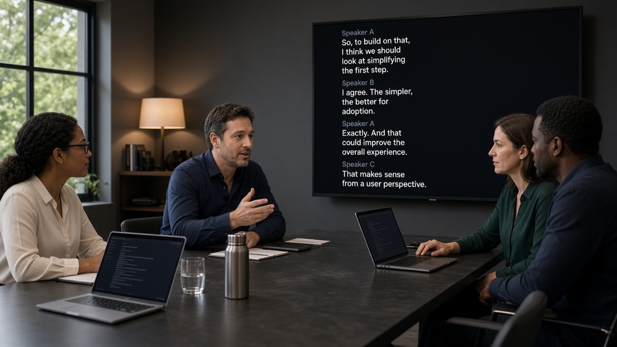 Four people in a meeting room with live captions and speaker labels on a wall display.
